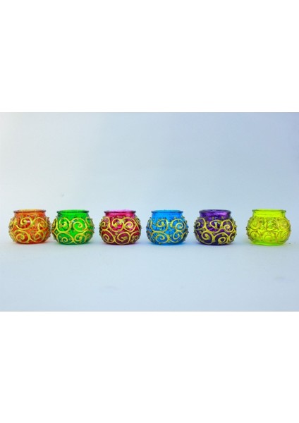 Cam Mumluk Tealight Vitray Desen 6 cm Çap 5 cm Yükseklik,6 Adet
