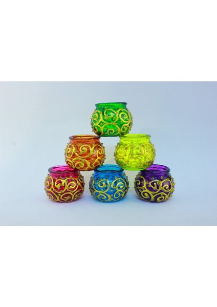 Cam Mumluk Tealight Vitray Desen 6 cm Çap 5 cm Yükseklik,6 Adet fiyatları