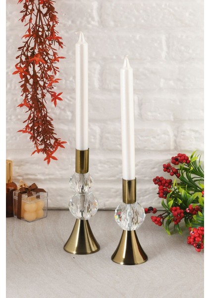 Bella 2'li Şamdan Şeffaf Kristal Taş Dekorlu Eskitme Renk Mumluk Ev Dekorasyon, Paslanmaz Kaplama