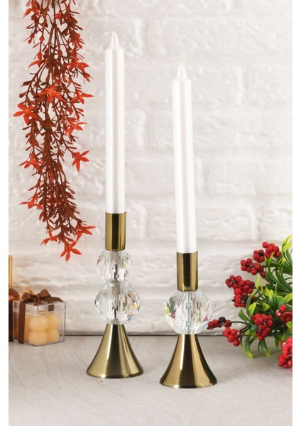 Bella 2'li Şamdan Şeffaf Kristal Taş Dekorlu Eskitme Renk Mumluk Ev Dekorasyon, Paslanmaz Kaplama fiyatları