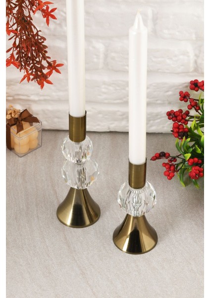 Bella 2'li Şamdan Şeffaf Kristal Taş Dekorlu Eskitme Renk Mumluk Ev Dekorasyon, Paslanmaz Kaplama modelleri