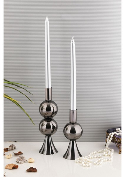 Elit 2'li Şamdan Seti Orta-Küçük Platin Renk Dekoratif Metal Mumluk