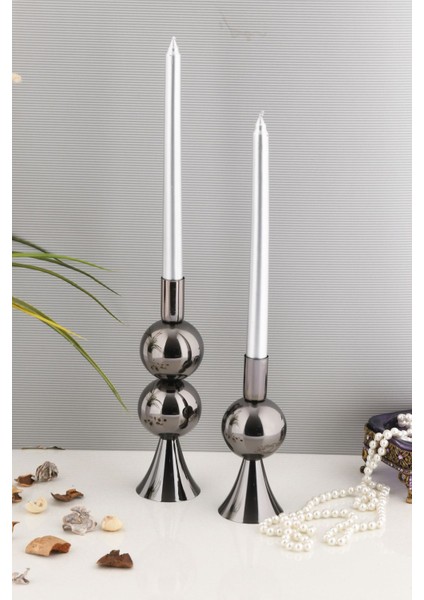 Elit 2'li Şamdan Seti Orta-Küçük Platin Renk Dekoratif Metal Mumluk fiyatları