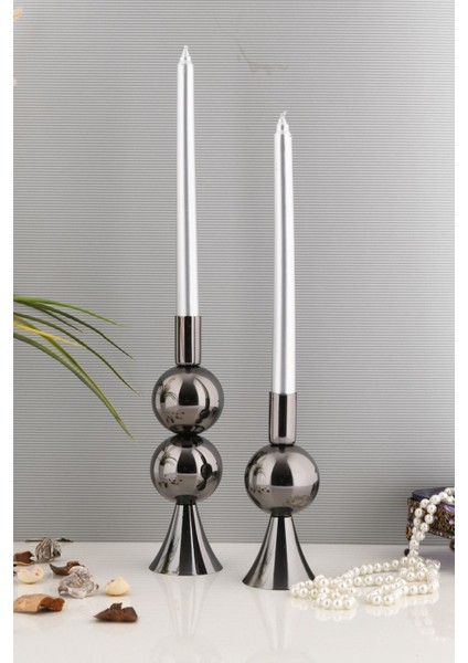 Elit 2'li Şamdan Seti Orta-Küçük Platin Renk Dekoratif Metal Mumluk modelleri