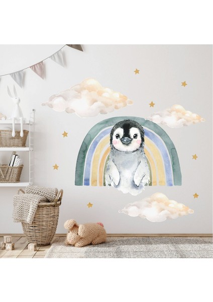 Gökkuşağı Suluboya Penguen Duvar Stickerı & Duvar Kağıdı Ev ve Çocuk Dekorasyonu