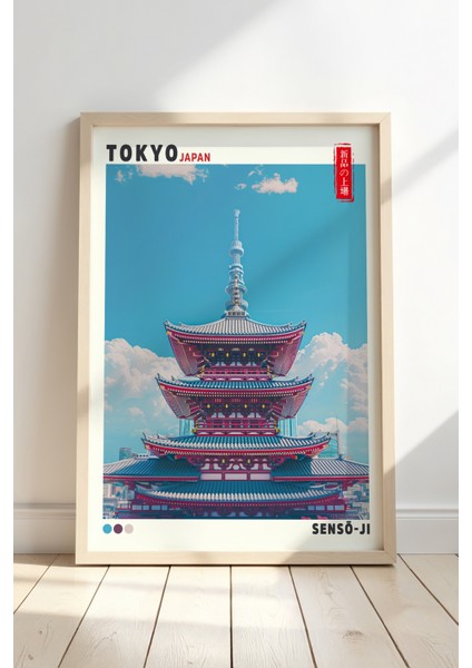 Tokyo Skytree ve Senso-Ji Tapınağı Doğal Ahşap Çerçeveli Duvar Tablosu