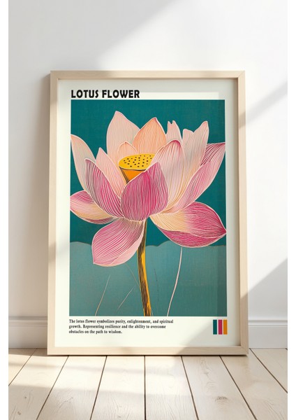 Minimalist Lotus Çiçeği Japandi Tarzı Doğal Ahşap Çerçeveli duvar tablosu