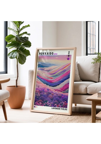 Japonya Hokkaido Mor Lavanta Manzarası Doğal Ahşap Çerçeveli duvar tablosu fiyatları