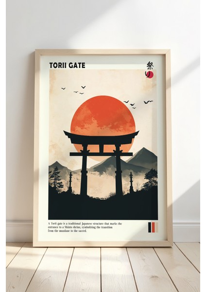 Torii Kapısı ve Gün Batımı Doğal Ahşap Çerçeveli Duvar Tablosu