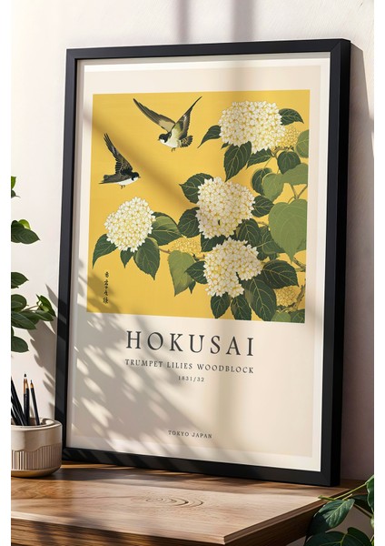 Hokusai Çiçek ve Kuş Ahşap Baskı Doğal Ahşap Çerçeveli Duvar Tablosu