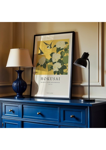 Hokusai Çiçek ve Kuş Ahşap Baskı Doğal Ahşap Çerçeveli Duvar Tablosu fiyatları