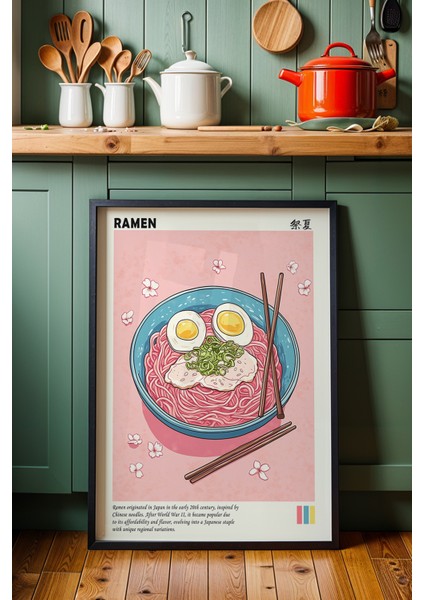 Japon Ramen Illüstrasyonu Doğal Ahşap Çerçeveli Duvar Tablosu