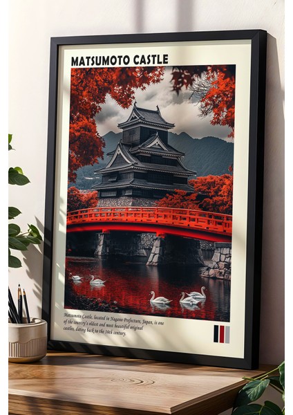 Japonya Matsumoto Kalesi Sonbahar Manzarası Doğal Ahşap Çerçeveli duvar tablosu