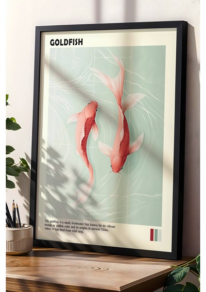 Altın Japon Koi Balıkları Doğal Ahşap Çerçeveli Duvar Tablosu