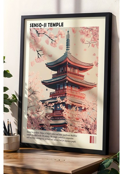 Senso-Ji Tapınağı ve Sakura Çiçekleri Doğal Ahşap Çerçeveli Duvar Tablosu