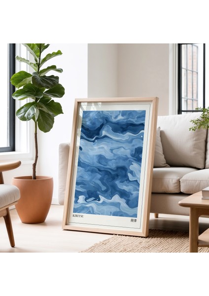 Derin Mavi Soyut Fırça Dokulu Japandi Doğal Ahşap Duvar Tablosu fiyatları