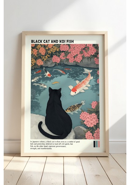 Siyah Kedi ve Koi Balığı Japon Duvar Sanatı Vintage Doğal Ahşap Çerçeveli tablo