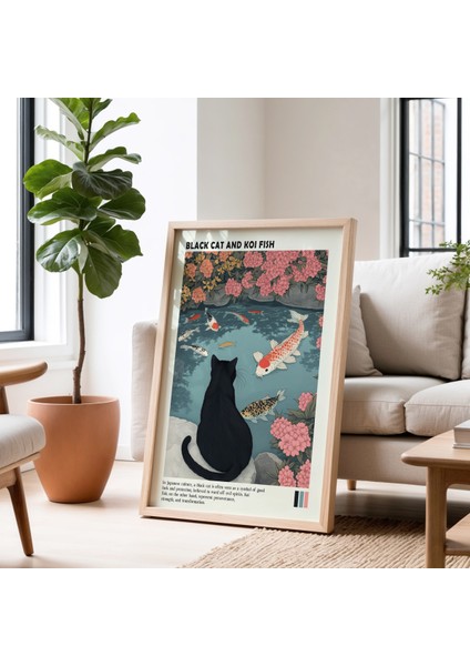 Siyah Kedi ve Koi Balığı Japon Duvar Sanatı Vintage Doğal Ahşap Çerçeveli tablo fiyatları