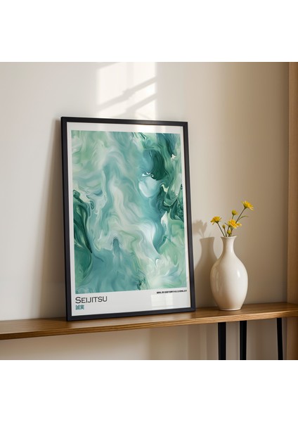 Pastel Mavi - Yeşil Tonlarda Soyut Desenli Japandi Ahşap Duvar Tablosu fiyatları