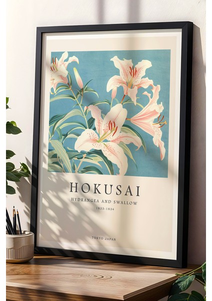 Katsushika Hokusai Ortanca ve Kırlangıç Japon Botanik Sanatı Doğal Ahşap Çerçeveli tablo