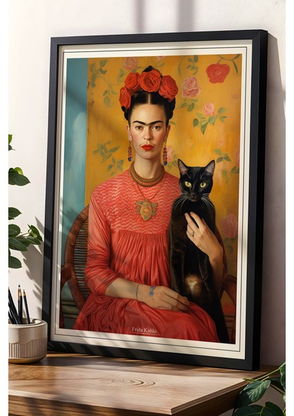 Frida Kahlo ve Siyah Kedi Portresi Doğal Ahşap Çerçeveli Duvar Tablosu
