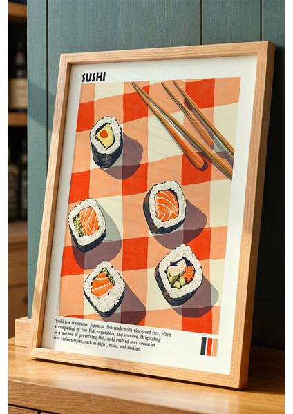 Japon Sushi Sanatı Doğal Ahşap Çerçeveli Duvar Tablosu