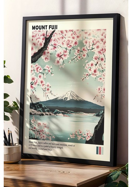 Japonya Fuji Dağı Kiraz Çiçekleri Doğal Ahşap Çerçeveli Duvar tablosu