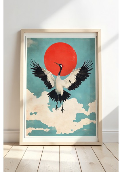 Kızıl Taçlı Turna Japon Duvar Sanatı Vintage Doğal Ahşap Çerçeveli tablo