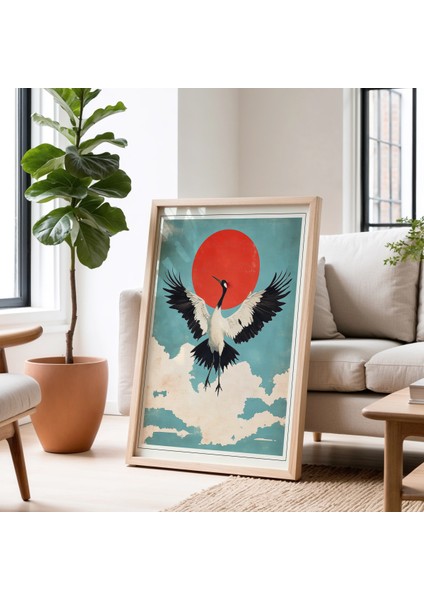 Kızıl Taçlı Turna Japon Duvar Sanatı Vintage Doğal Ahşap Çerçeveli tablo fiyatları