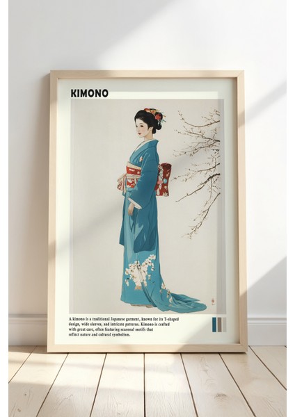 Kimono Giyen Geisha ve Sakura Geleneksel Japon Kültürü Doğal Ahşap çerçeveli tablo