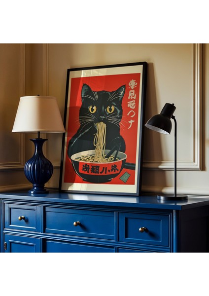 Makarna Yiyen Siyah Kedi Japon Duvar Sanatı Vintage Doğal Ahşap Çerçeveli tablo fiyatları