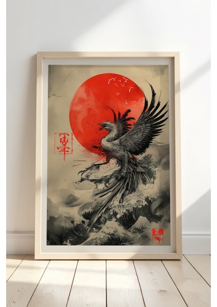 Ho-Oh Feniks Kuşu Hinamaru Japon Duvar Sanatı Vintage Doğal Ahşap Çerçeveli tablo