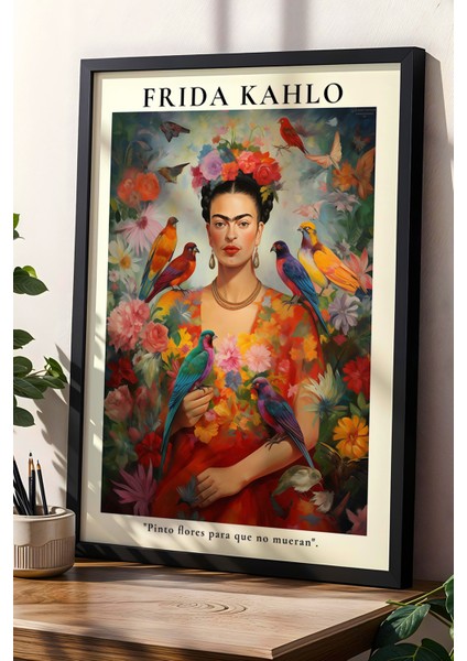 Frida Kahlo Çiçekler ve Kuşlar Temalı Doğal Ahşap Çerçeveli Duvar Tablosu