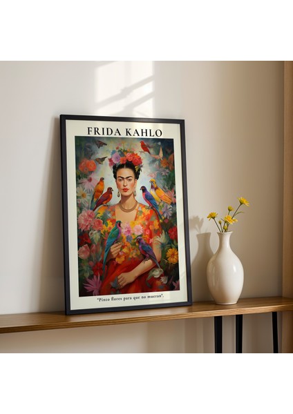 Frida Kahlo Çiçekler ve Kuşlar Temalı Doğal Ahşap Çerçeveli Duvar Tablosu fiyatları