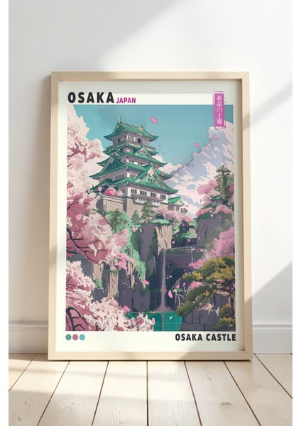 Japonya Osaka Kalesi ve Şelale Doğal Ahşap Çerçeveli Duvar tablosu