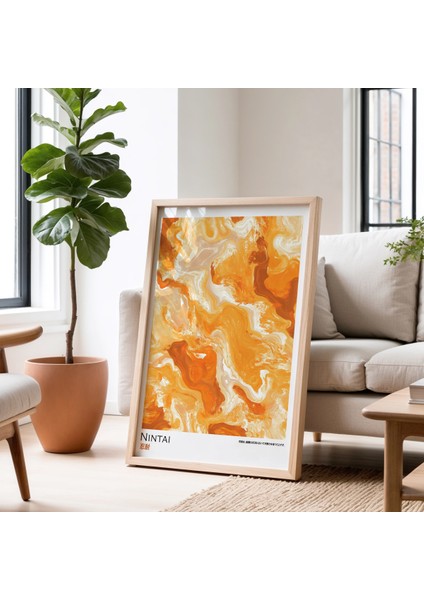 Pastel Sarı - Turuncu Tonlarda Soyut Desenli Japandi Ahşap Duvar Tablosu fiyatları