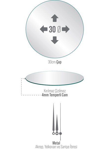 Cam Duvar Saati Yuvarlak 1130 30 x 30 cm modelleri