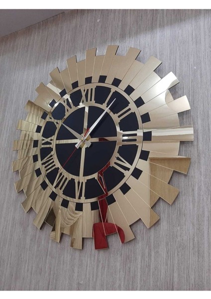 Aynalı Altın Sarısı Güneş Duvar Saati Lüks Aynalı Pleksi Roma Rakamlı 40X40 cm Ev ve Ofis Dekoru