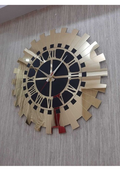 Aynalı Altın Sarısı Güneş Duvar Saati Lüks Aynalı Pleksi Roma Rakamlı 40X40 cm Ev ve Ofis Dekoru fırsatları