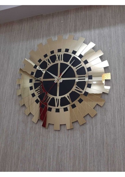 Aynalı Altın Sarısı Güneş Duvar Saati Lüks Aynalı Pleksi Roma Rakamlı 40X40 cm Ev ve Ofis Dekoru indirimleri