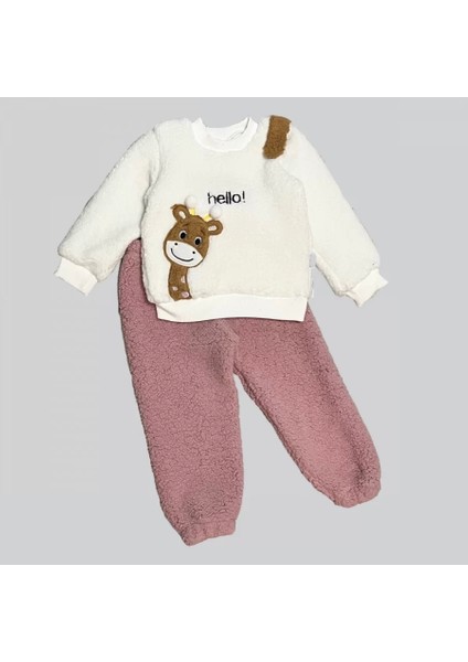 1-2-3 Yaş Hello Zürafa Nakışlı Kuzu Kumaş Sweat Pantolon Uzun Kollu Kız Erkek 2 Li Takımı