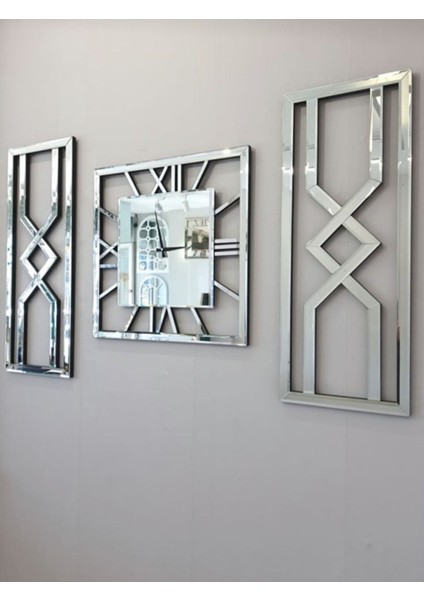 Dekoratif 3 Lü Set Pleksi Aynalı Şık Duvar Saati ve Dekoru