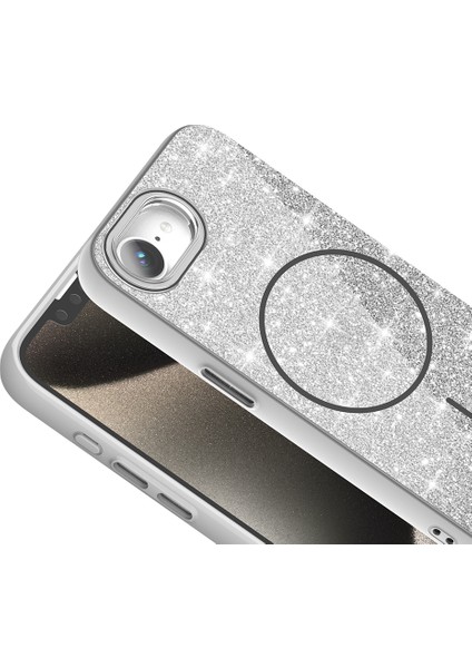 Apple iPhone 16E Kılıf Magsafe Şarj Özellikli Parlayan Simli Zore Okso Kapak + Hayalet Ekran Koruyucu