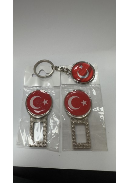 Türk Bayraklı Üniversal Ikaz Ses Metal Toka 2 Adet Çift Yönlüdür ve Anahtarlık 1 Adet