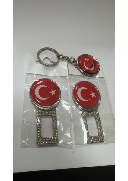 Türk Bayraklı Üniversal Ikaz Ses Metal Toka 2 Adet Çift Yönlüdür ve Anahtarlık 1 Adet