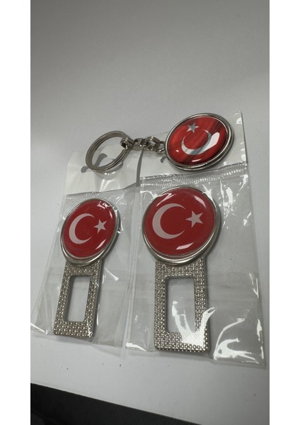 Türk Bayraklı Üniversal Ikaz Ses Metal Toka 2 Adet Çift Yönlüdür ve Anahtarlık 1 Adet