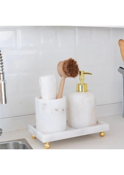 Mermer Beyaz 3 Parça Gold Ayak Banyo Seti Mutfak Sıvı Sabunluk Seti