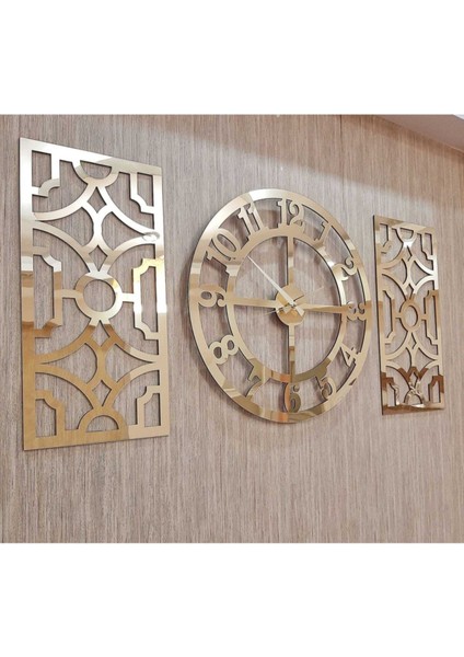 3lü Duvar Saati ve Dekor Gold (Saat 50X50CM Dekor 24X50CM) Türk Rakamlı Mdf Üzeri Aynalı Pleksi