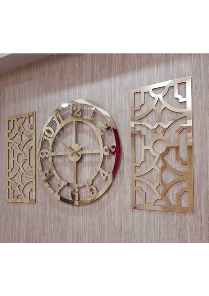 3lü Duvar Saati ve Dekor Gold (Saat 50X50CM Dekor 24X50CM) Türk Rakamlı Mdf Üzeri Aynalı Pleksi modelleri