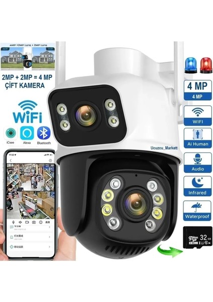 Speed Wifi Çift Kamera(2mp+2mp) 32GB Hafıza Kart ile Birlikte(Kayıt Etme-Uzaktan Izleme-Gece Görüş)